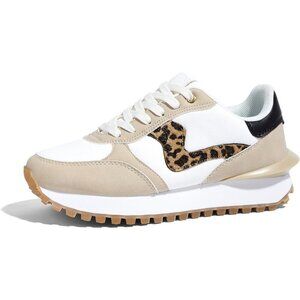Lucky Step Women Beige Tennis Retro Walking Casual Trainer Stylish Durable Shoes